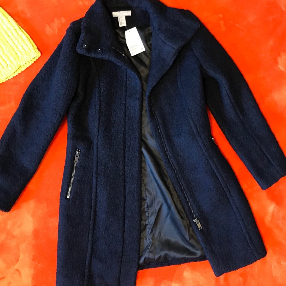 NWT H & M zippered navy blue wool blend coat sz 4